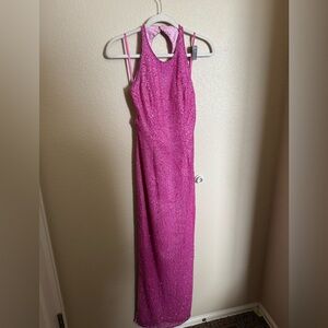 Vintage Y2K Scala Silk Beaded Formal Prom Gown Sz XS in Pink Open‎ Low Back